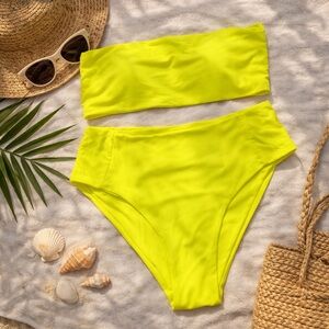 Zaful Neon Yellow Bandeau Bikini Set Size L High Waisted Swimsuit